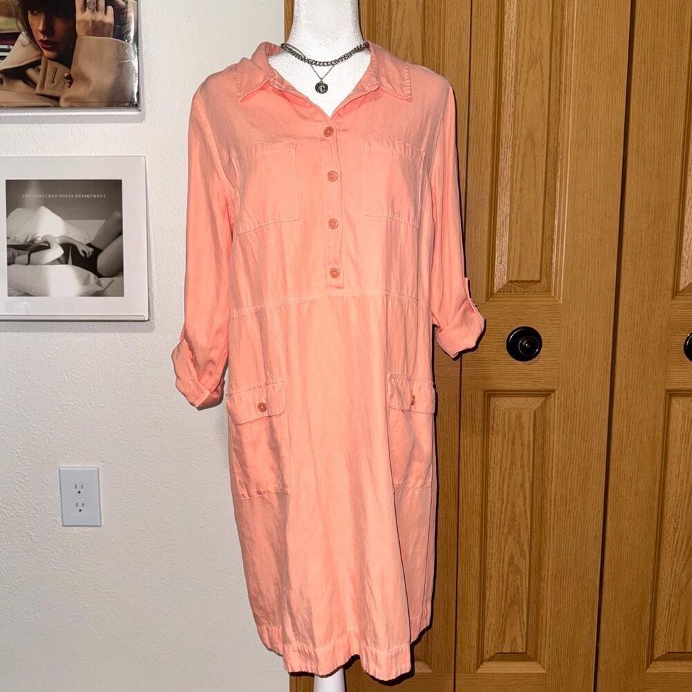 Soft Surroundings Kiran Linen Shirt Dress Women Medium Peach Nectar Button Front